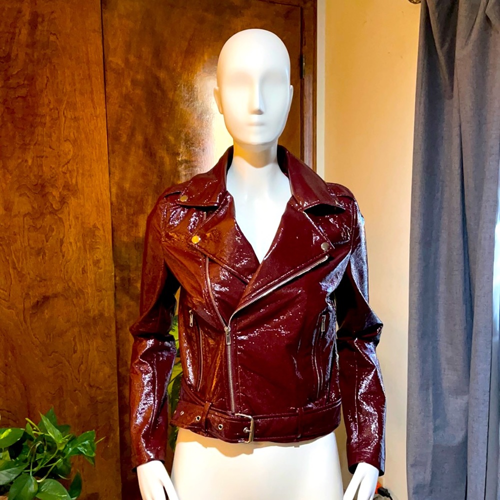 Women’s burgundy patent motorcycle jacket